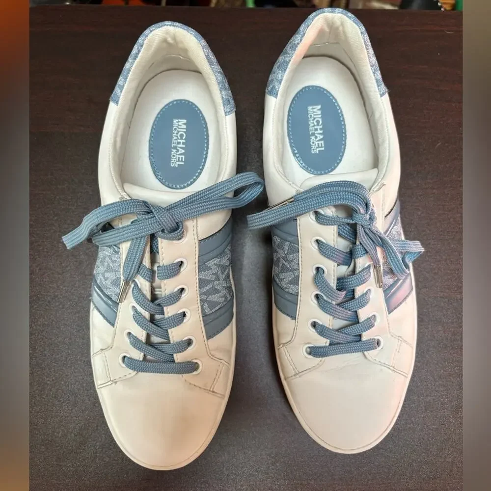 Michael Kors Poppy Logo Stripe Lace‎ Up Sneakers Women’s 8.5 White Blue